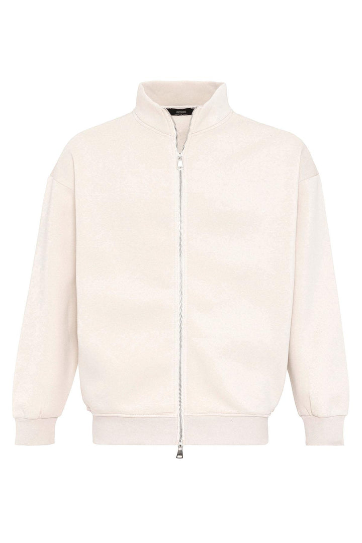 Men's Beige High Collar Double Zipper Closure  Sweatshirt - Wessi