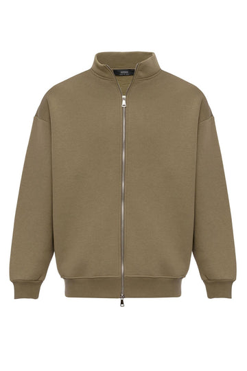 Men's Khaki High Collar Double Zipper Closure  Sweatshirt - Wessi