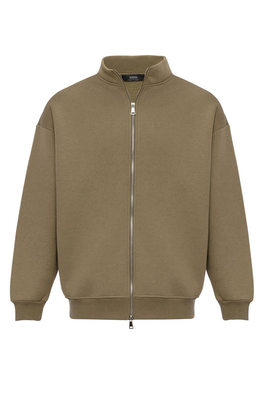 Men's Khaki High Collar Double Zipper Closure  Sweatshirt - Wessi