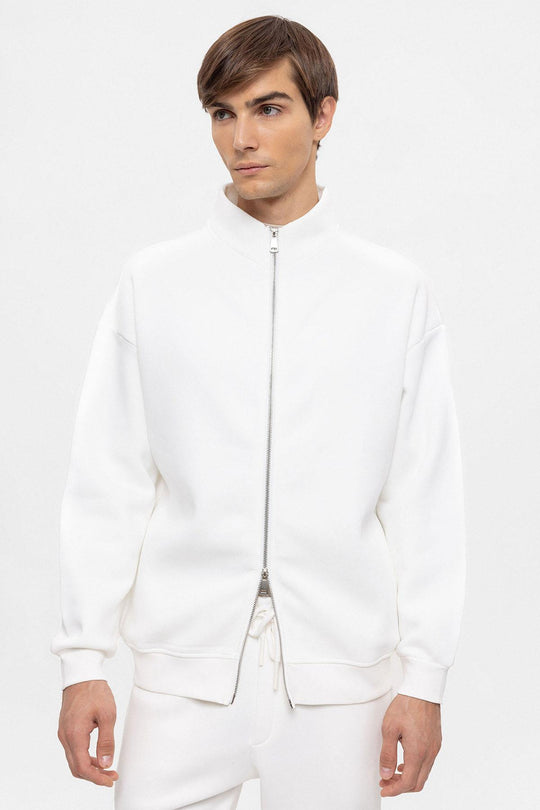 Men's Ecru High Collar Double Zipper Closure  Sweatshirt - Wessi