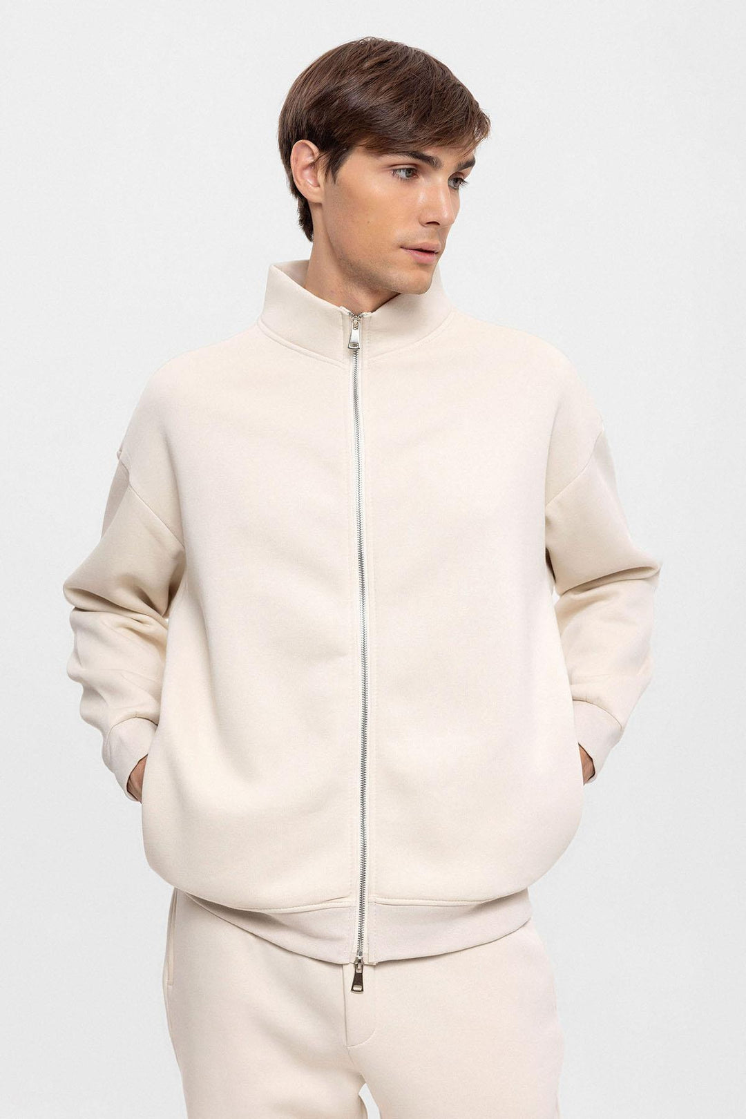 Men's Beige High Collar Double Zipper Closure  Sweatshirt - Wessi