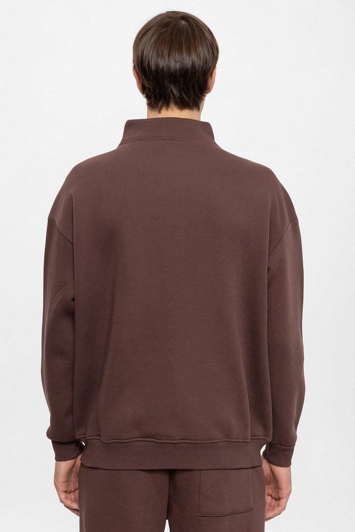 Men's Brown High Collar Double Zipper Closure  Sweatshirt - Wessi