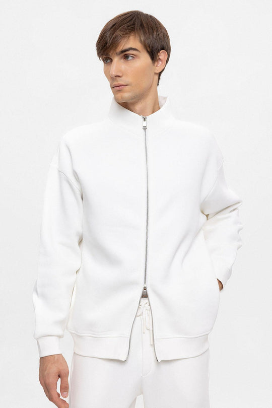 Men's Ecru High Collar Double Zipper Closure  Sweatshirt - Wessi