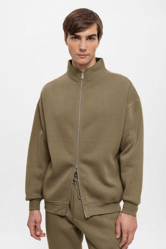 Men's Khaki High Collar Double Zipper Closure  Sweatshirt - Wessi