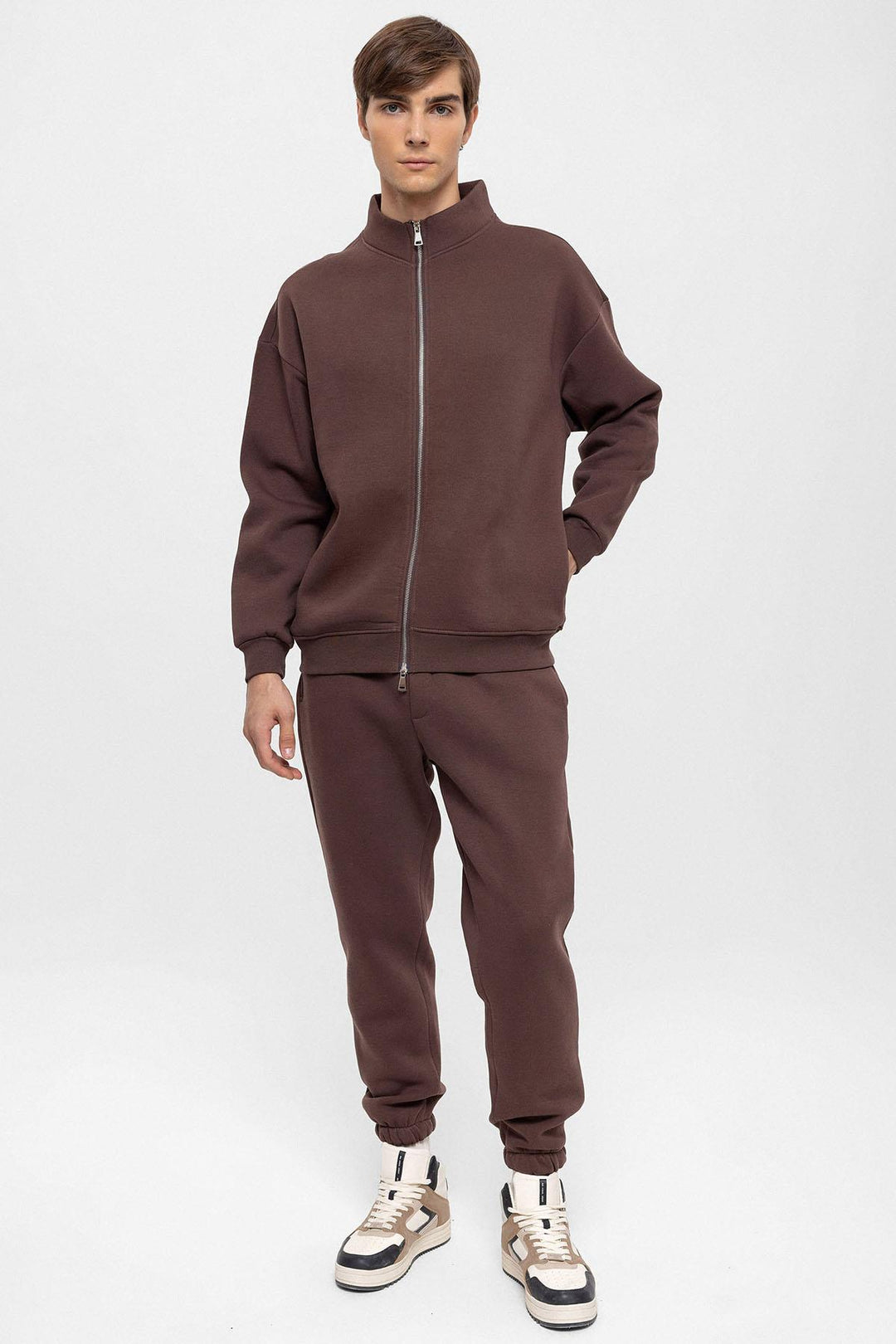 Men's Brown High Collar Double Zipper Closure  Sweatshirt - Wessi