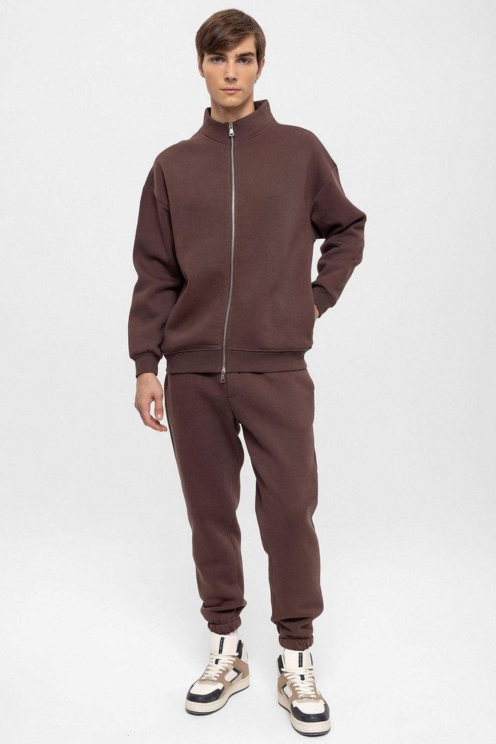 Men's Brown High Collar Double Zipper Closure  Sweatshirt - Wessi
