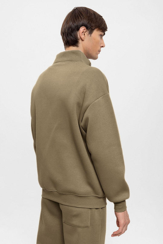 Men's Khaki High Collar Double Zipper Closure  Sweatshirt - Wessi