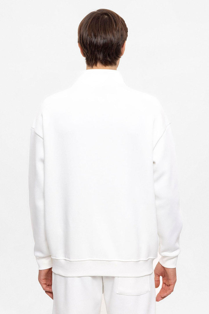 Men's Ecru High Collar Double Zipper Closure  Sweatshirt - Wessi