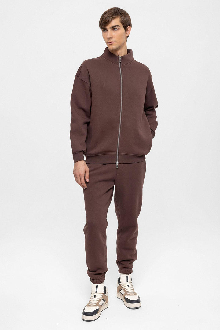 Men's Brown High Collar Double Zipper Closure  Sweatshirt - Wessi