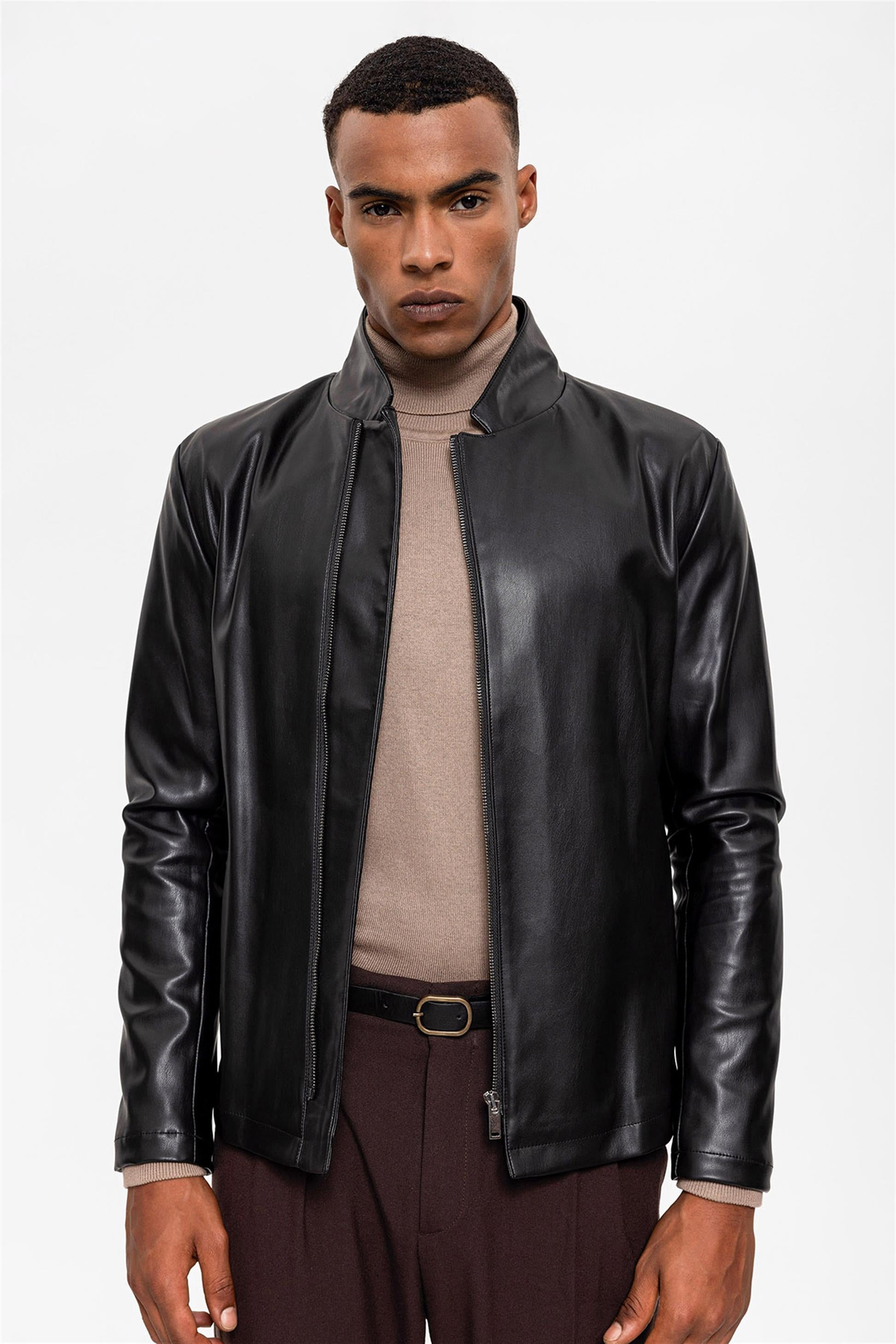 Men's Black Stand Collar Leather Jacket - Wessi – Wessi - Discover