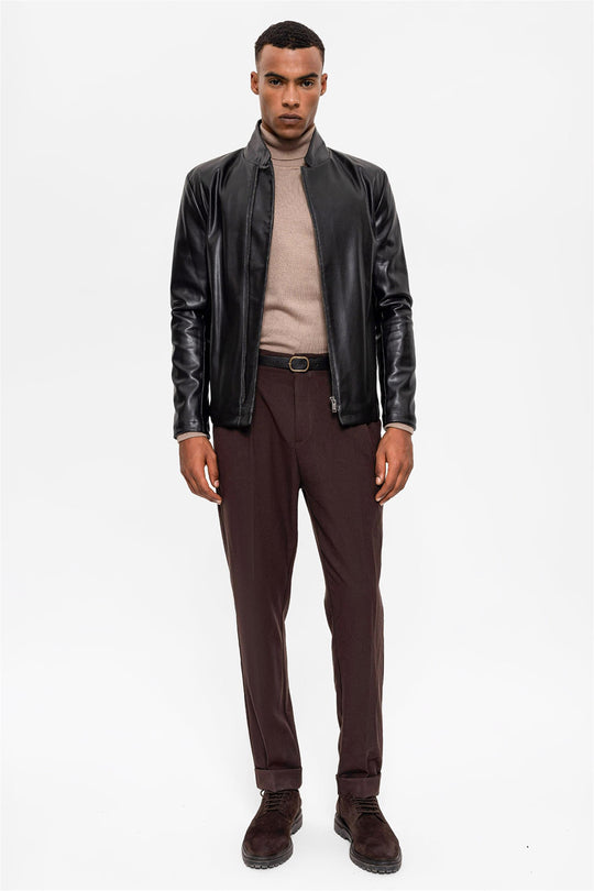 Chaqueta de cuero con cuello alto negra para hombre - Wessi