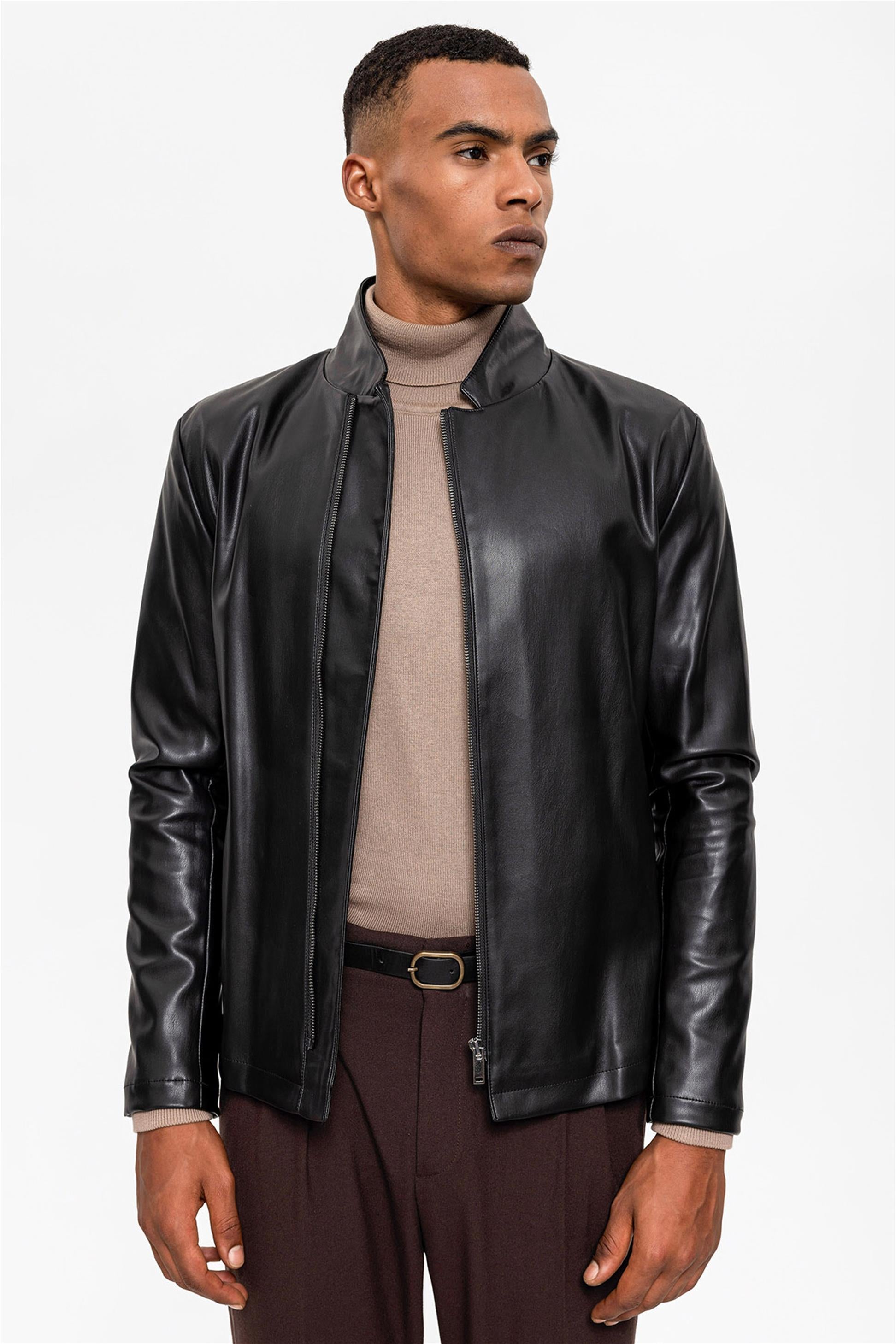Men's Black Stand Collar Leather Jacket - Wessi – Wessi - Discover