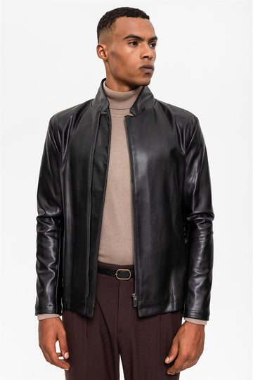 Chaqueta de cuero con cuello alto negra para hombre - Wessi