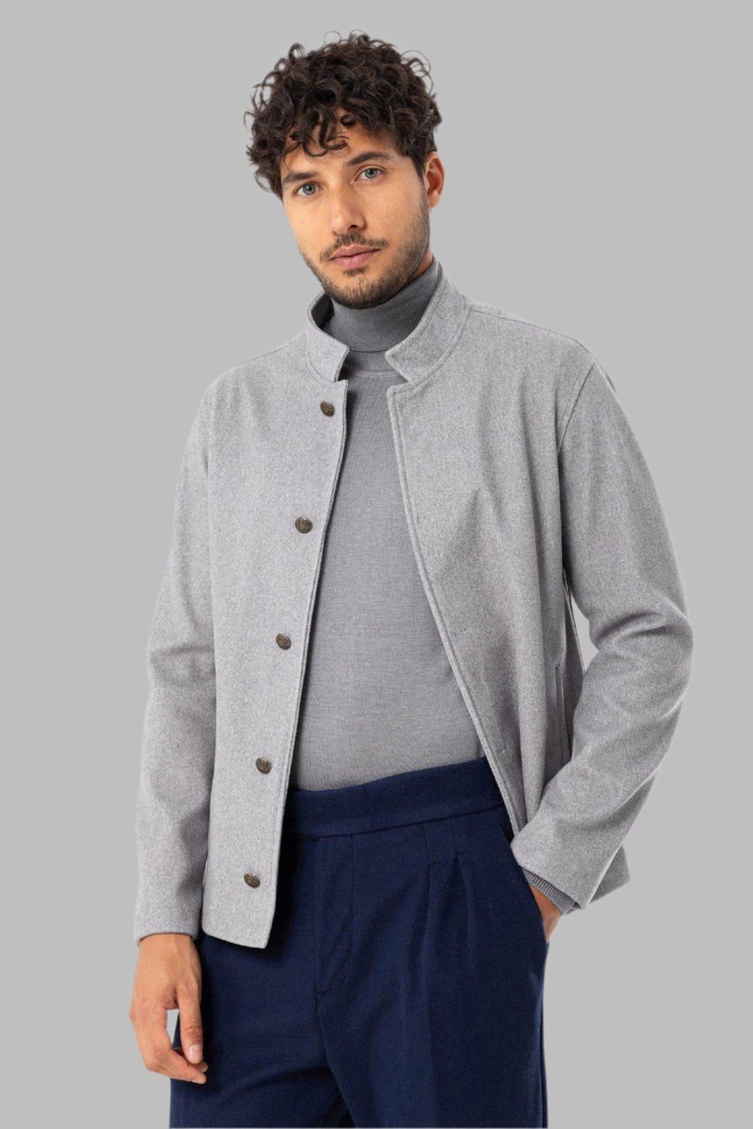 Men's Light Grey High Collar  Cashmere Coat - Wessi