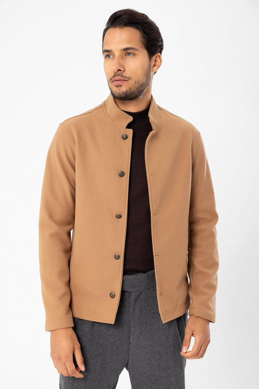 Men's Camel High Collar  Cashmere Coat - Wessi