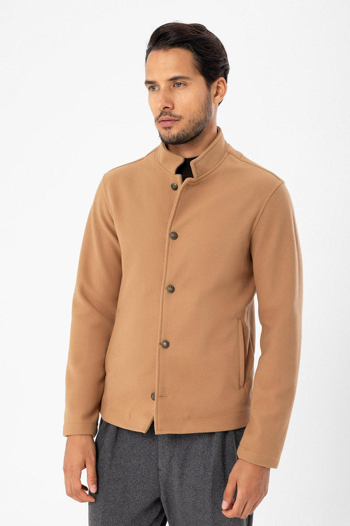 Men's Camel High Collar  Cashmere Coat - Wessi