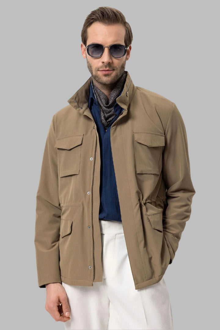 Men's Light Khaki Stand Collar Safari  Jacket - Wessi