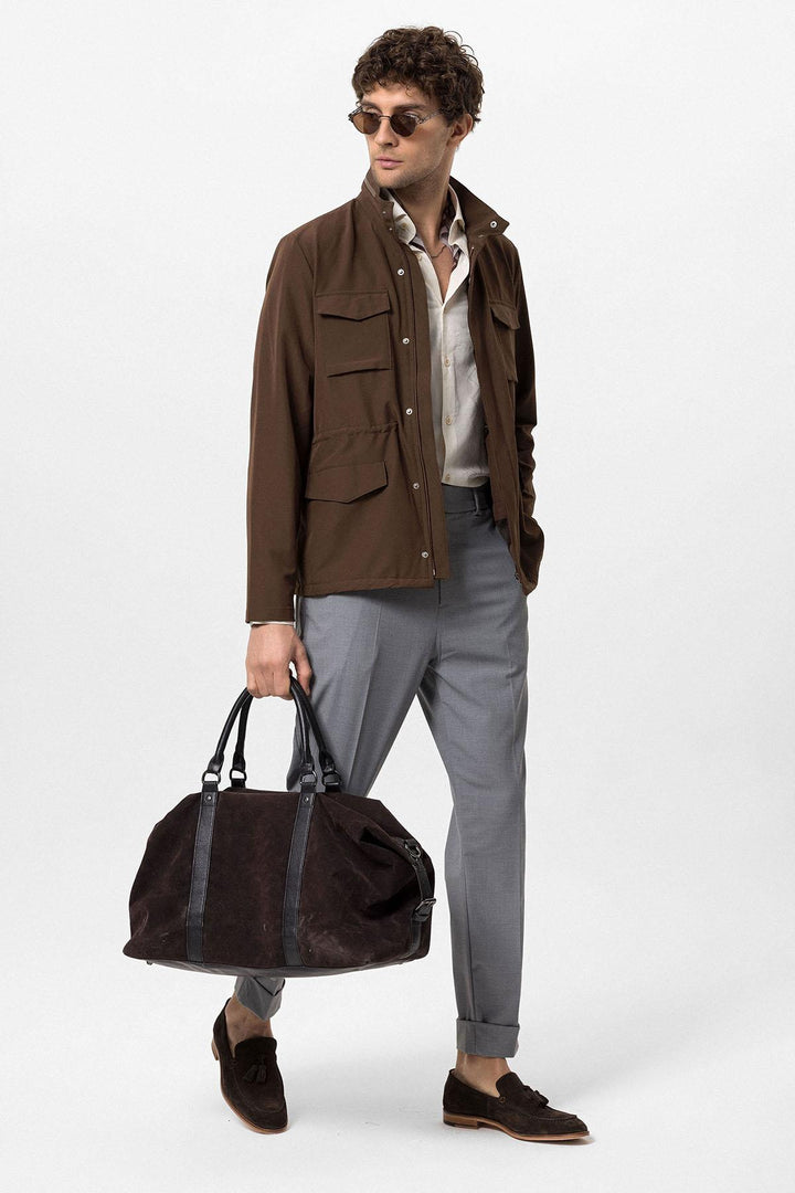 Men's Brown Stand Collar Safari  Jacket - Wessi