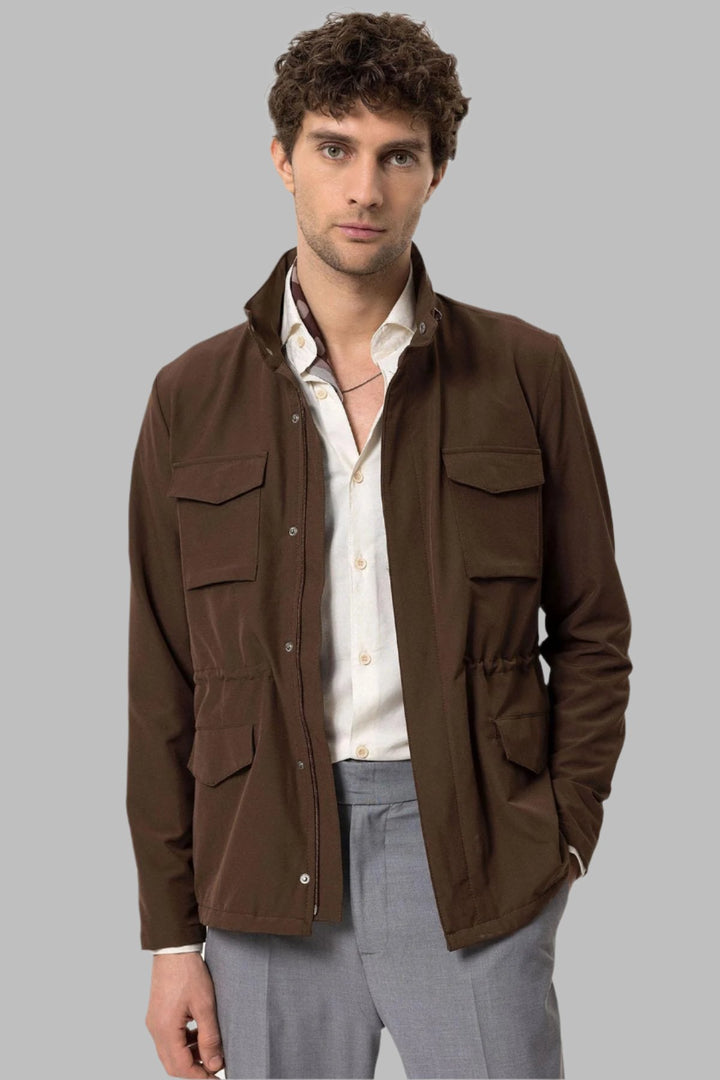 Men's Brown Stand Collar Safari  Jacket - Wessi