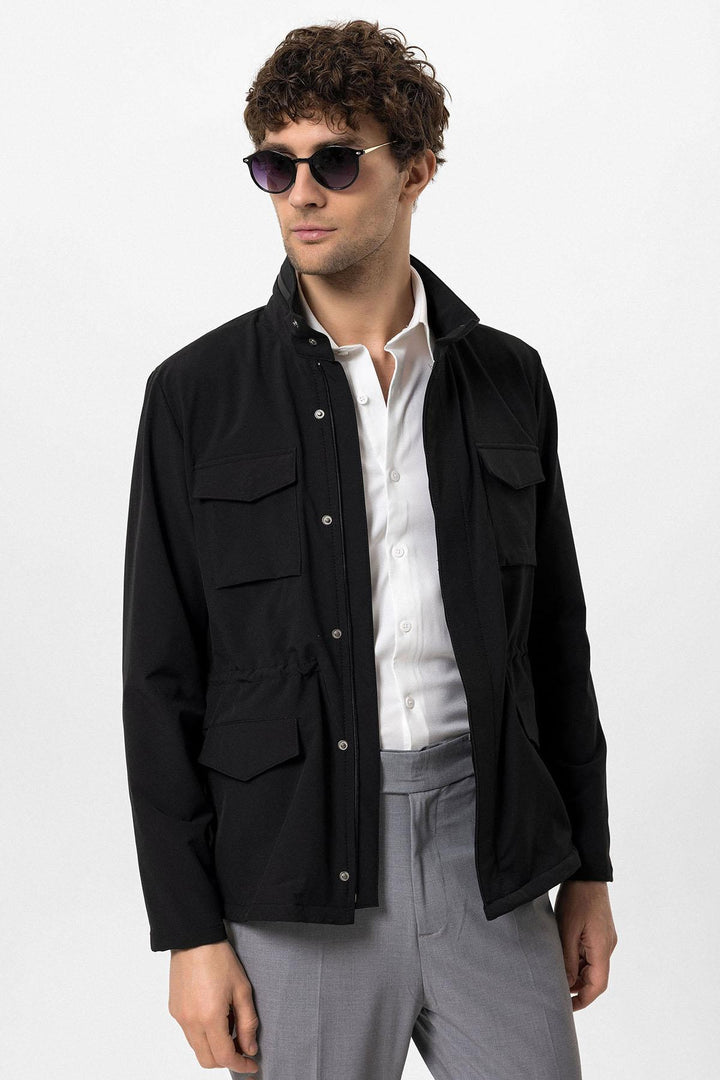 Men's Black Stand Collar Safari  Jacket - Wessi