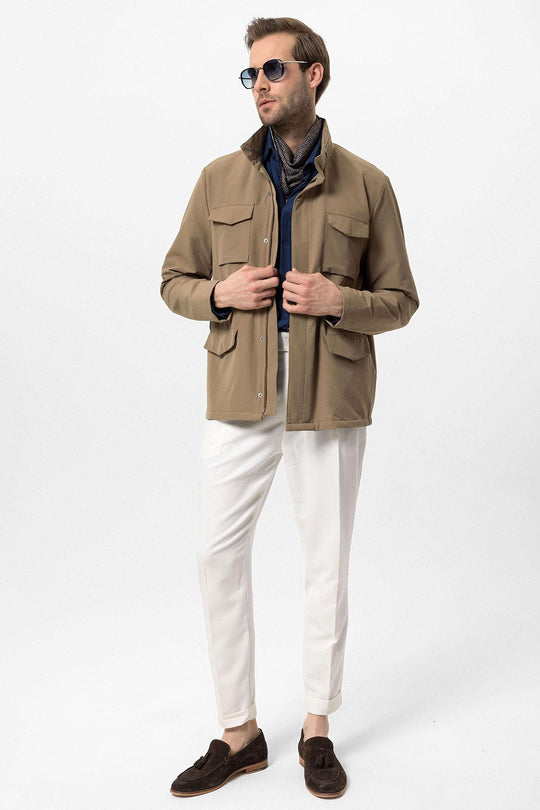 Men's Light Khaki Stand Collar Safari  Jacket - Wessi