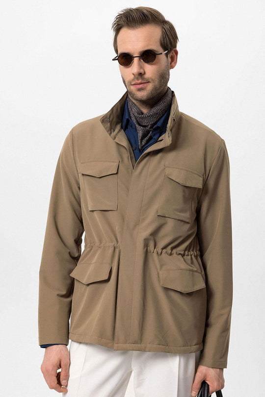 Men's Light Khaki Stand Collar Safari  Jacket - Wessi