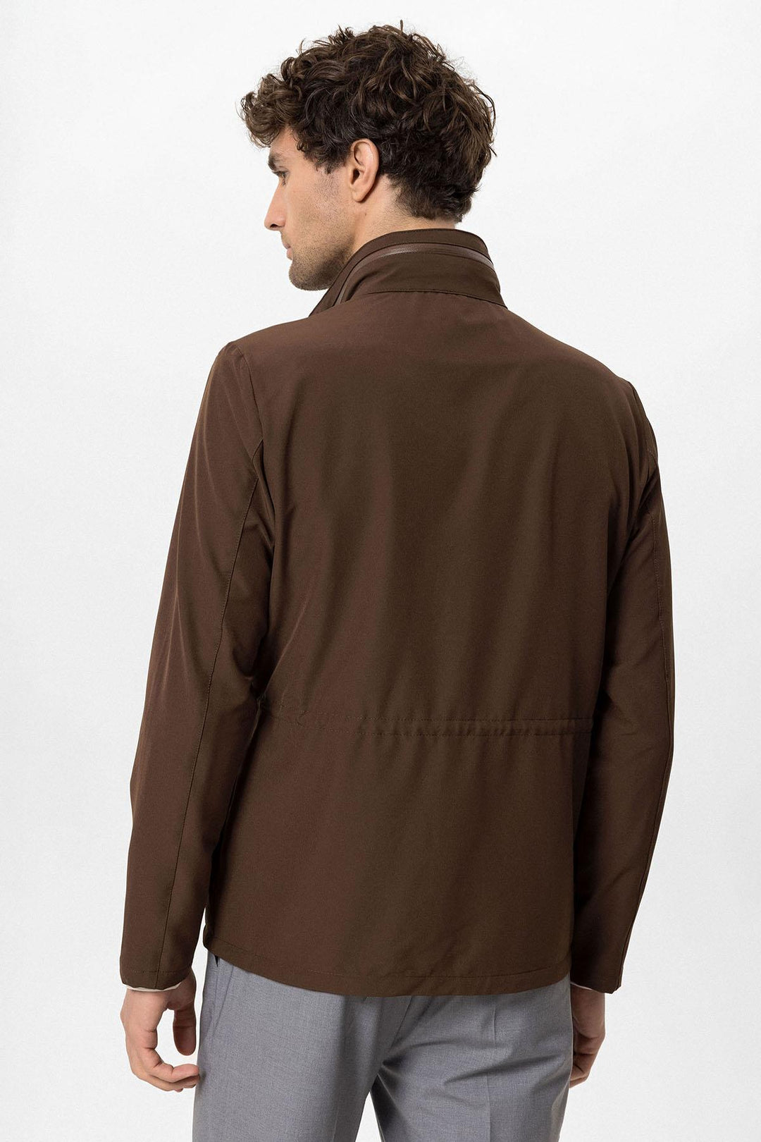 Men's Brown Stand Collar Safari  Jacket - Wessi