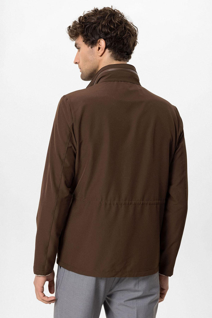 Men's Brown Stand Collar Safari  Jacket - Wessi