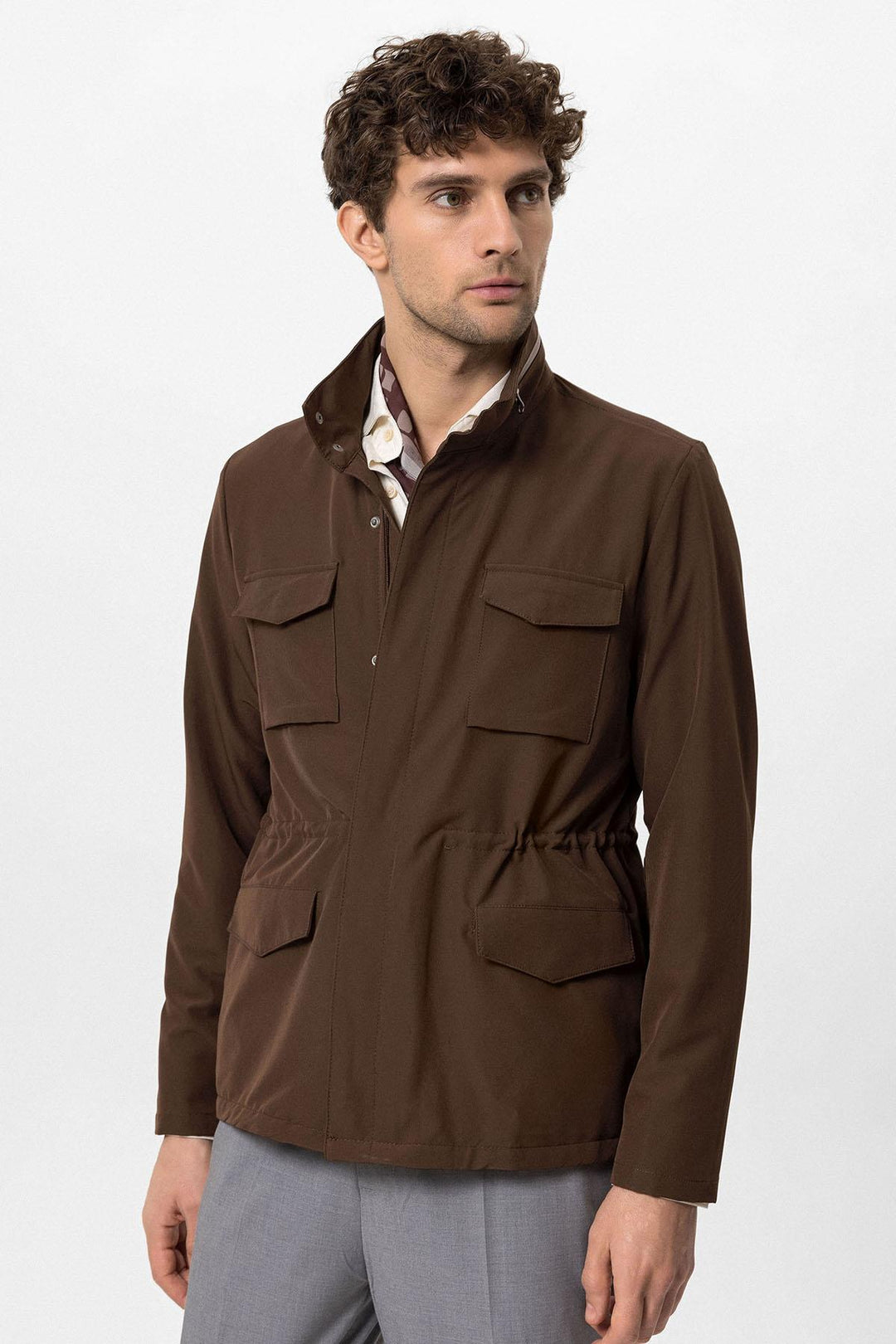 Men's Brown Stand Collar Safari  Jacket - Wessi