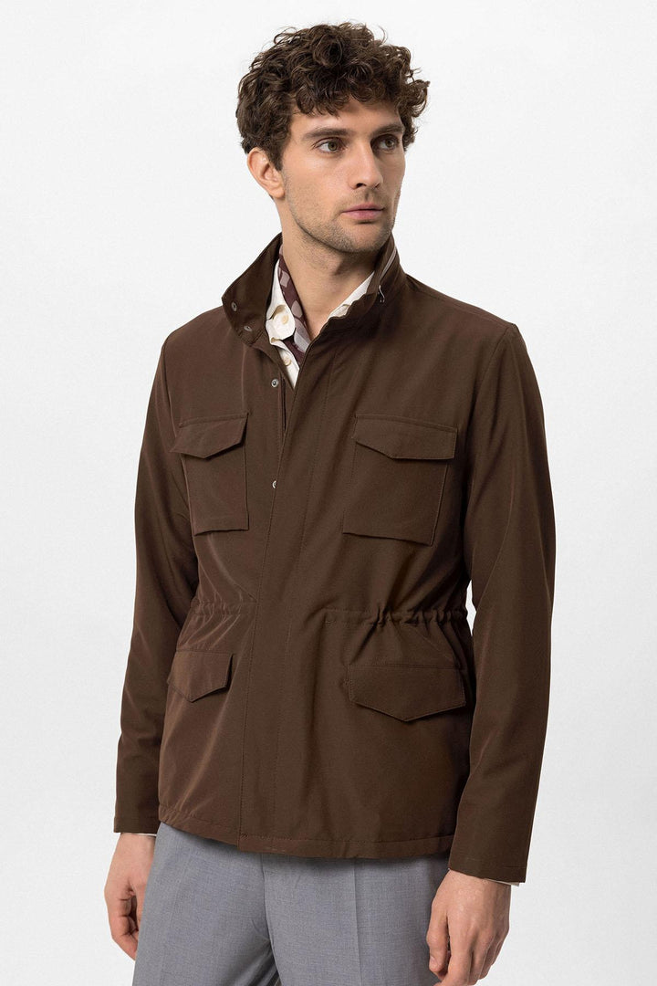Men's Brown Stand Collar Safari  Jacket - Wessi