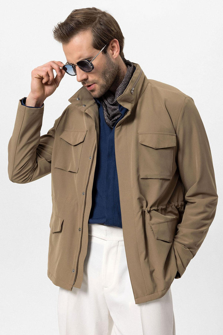 Men's Light Khaki Stand Collar Safari  Jacket - Wessi