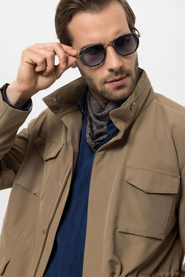 Men's Light Khaki Stand Collar Safari  Jacket - Wessi