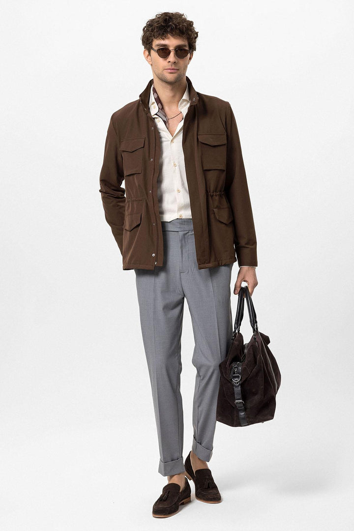 Men's Brown Stand Collar Safari  Jacket - Wessi