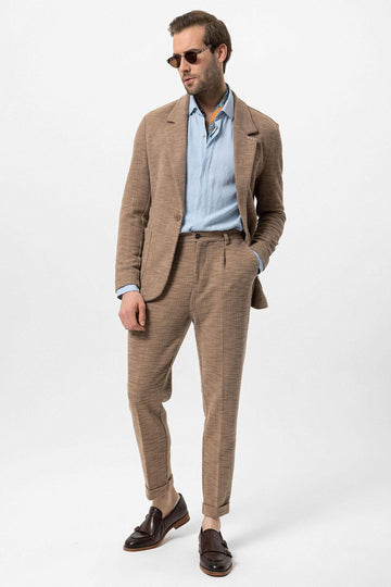 Men's Light Brown Textured Plain  Blazer - Wessi