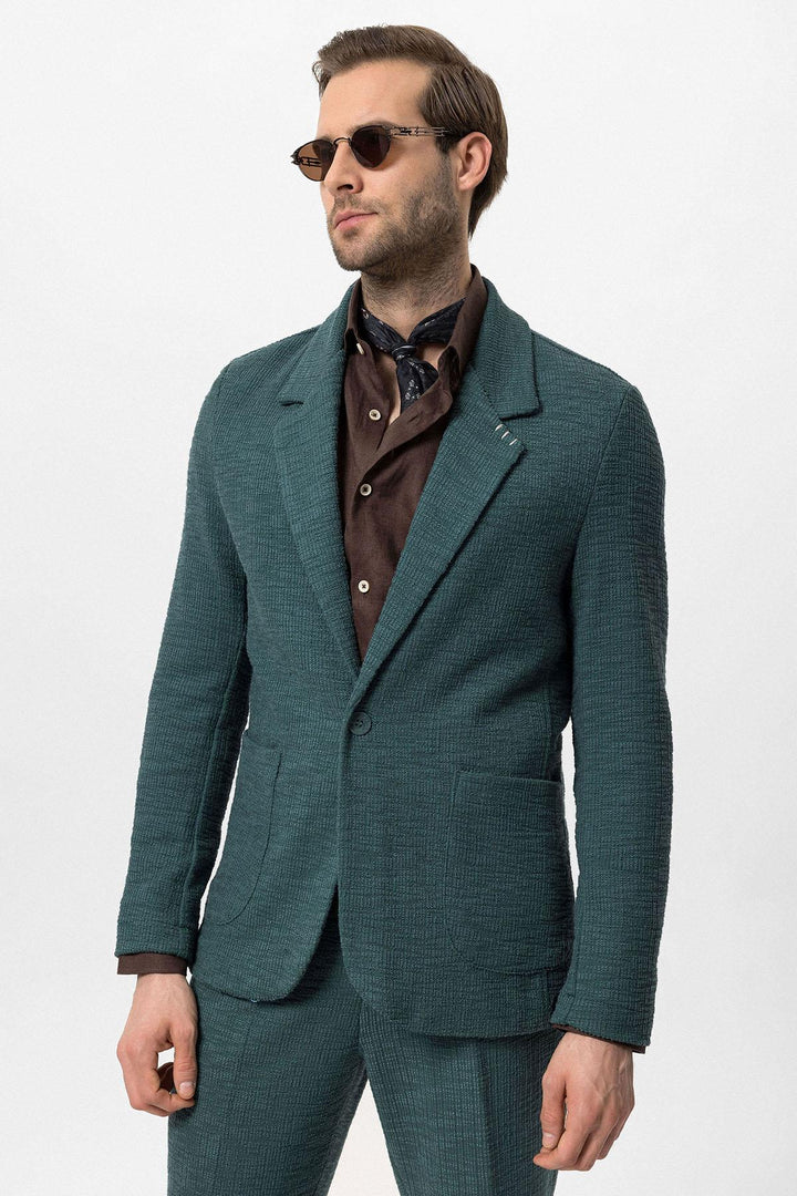 Men's Green Textured Plain  Blazer - Wessi