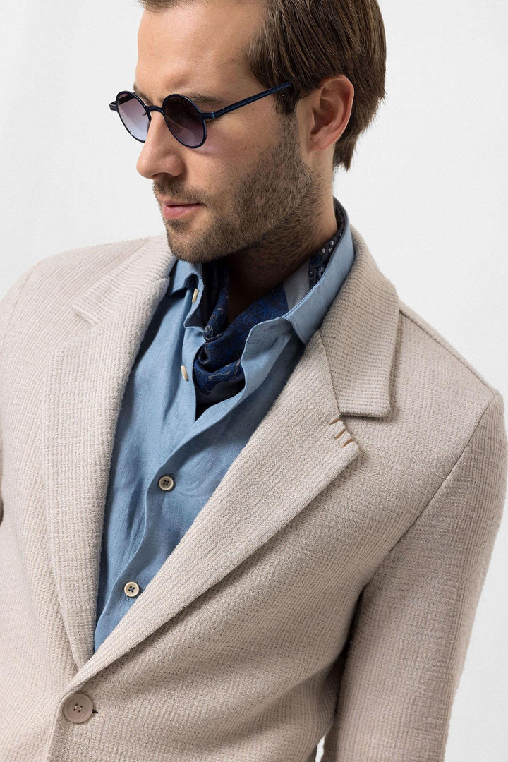 Men's Beige Textured Plain  Blazer - Wessi
