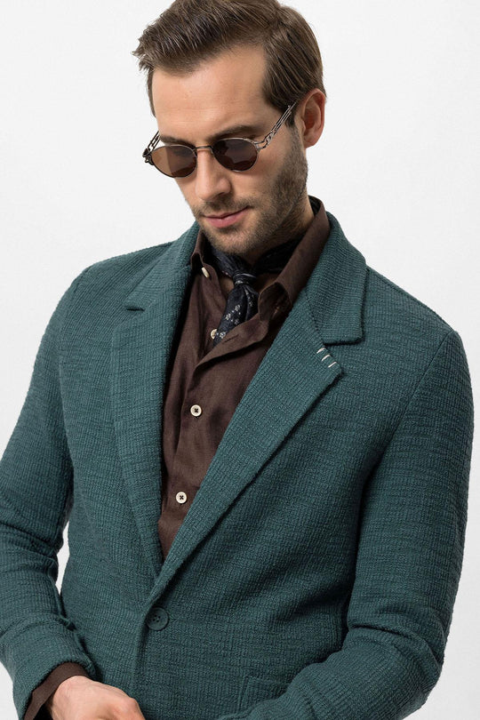 Men's Green Textured Plain  Blazer - Wessi