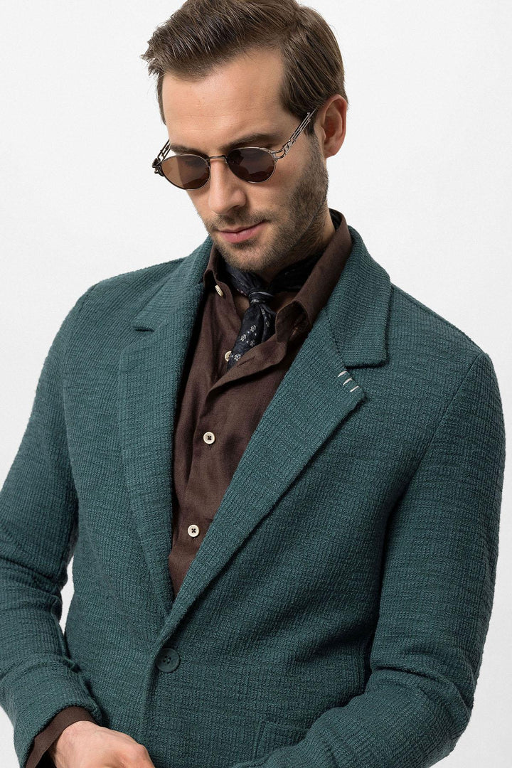 Men's Green Textured Plain  Blazer - Wessi
