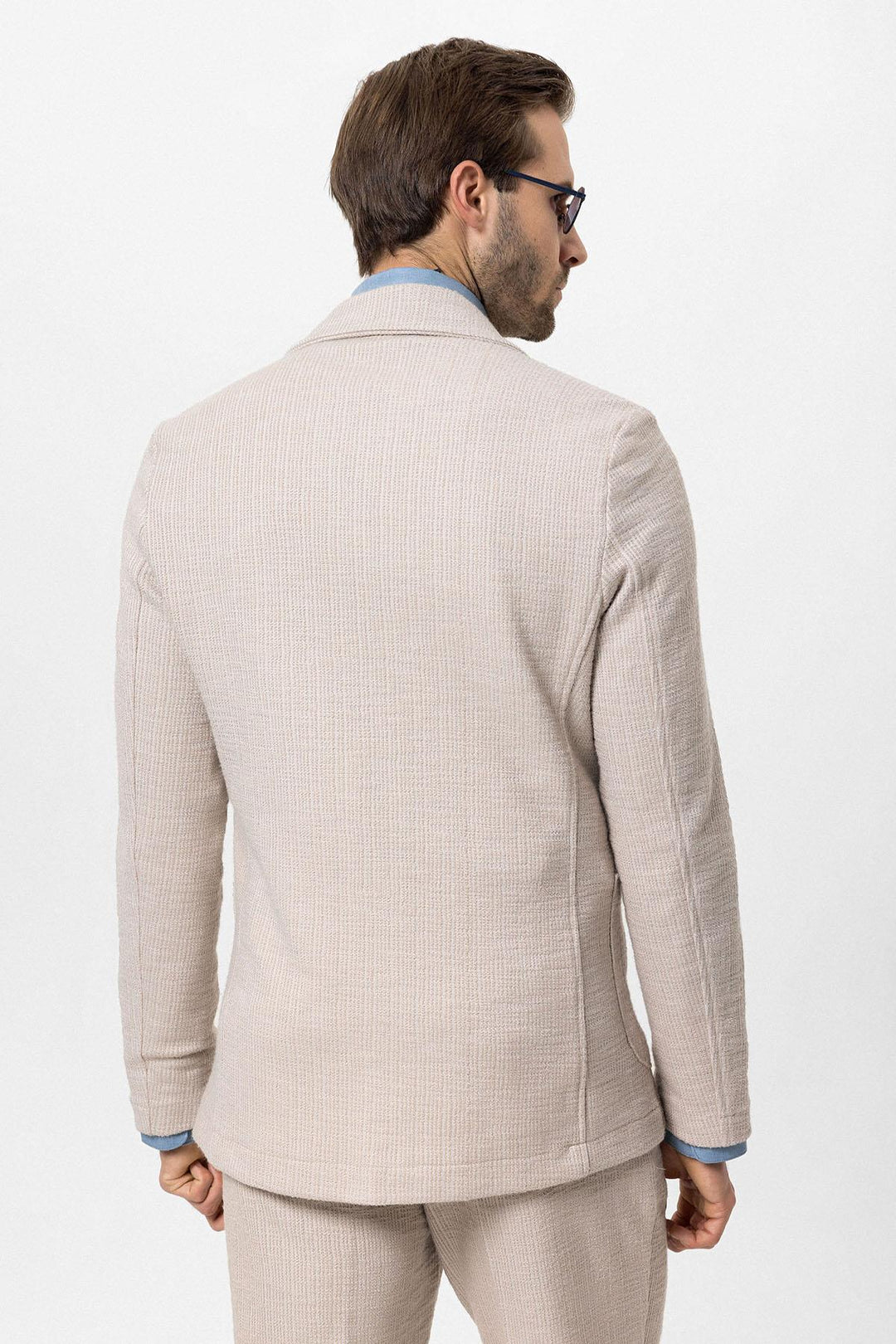Men's Beige Textured Plain  Blazer - Wessi