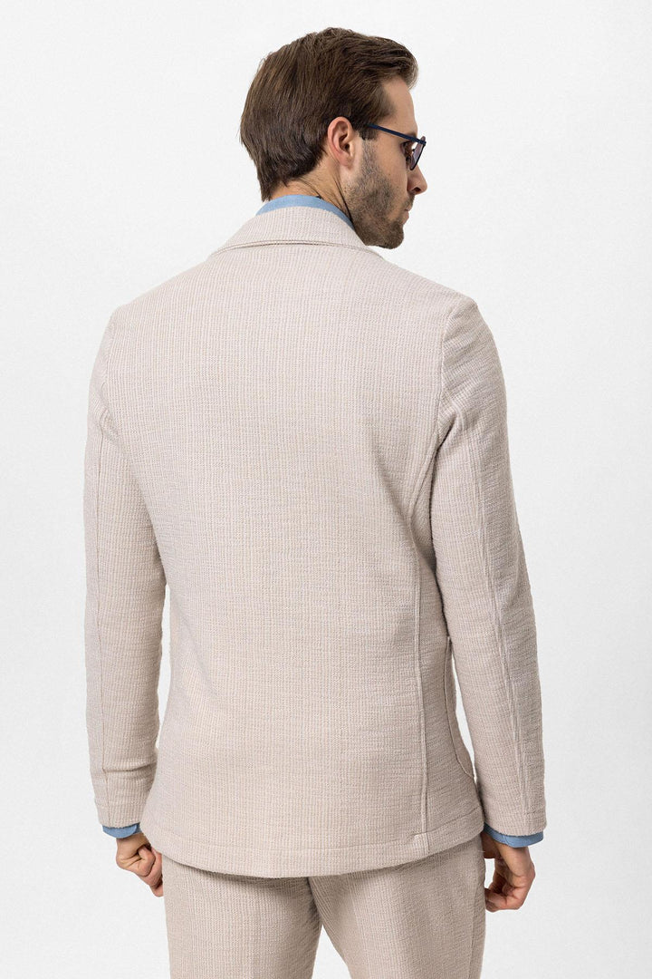 Men's Beige Textured Plain  Blazer - Wessi