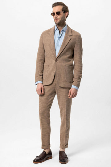 Men's Light Brown Textured Plain  Blazer - Wessi