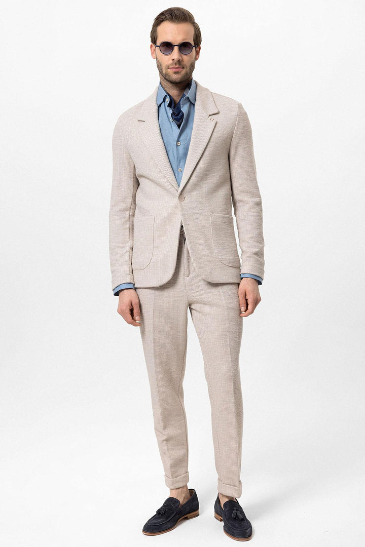 Men's Beige Textured Plain  Blazer - Wessi