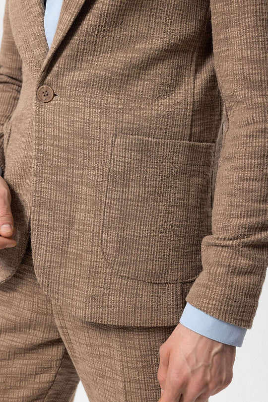Men's Light Brown Textured Plain  Blazer - Wessi