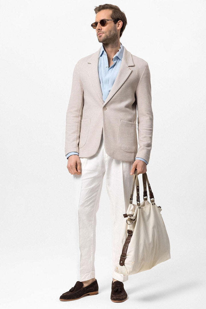Men's Beige Textured Plain  Blazer - Wessi