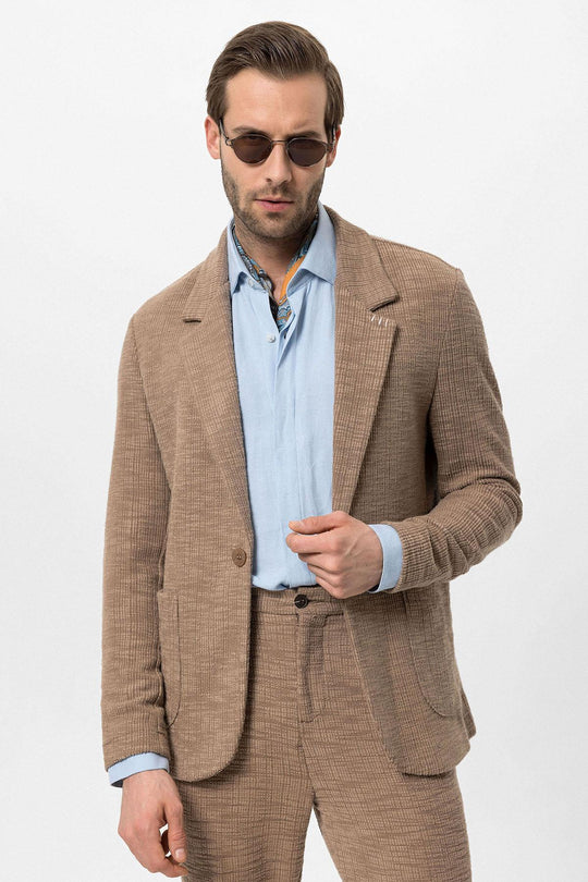 Men's Light Brown Textured Plain  Blazer - Wessi