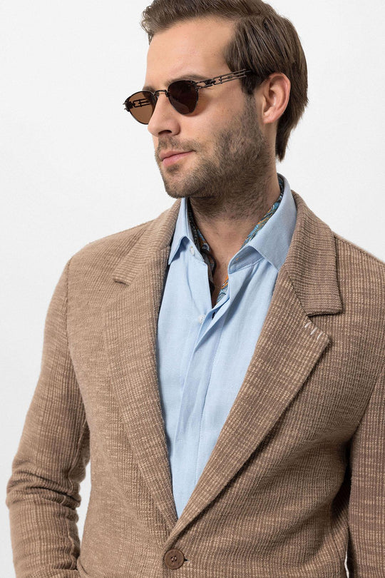 Men's Light Brown Textured Plain  Blazer - Wessi