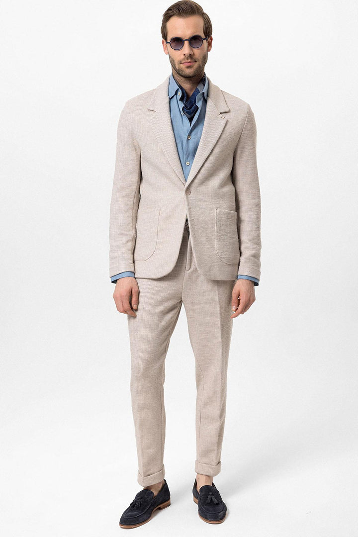 Men's Beige Textured Plain  Blazer - Wessi