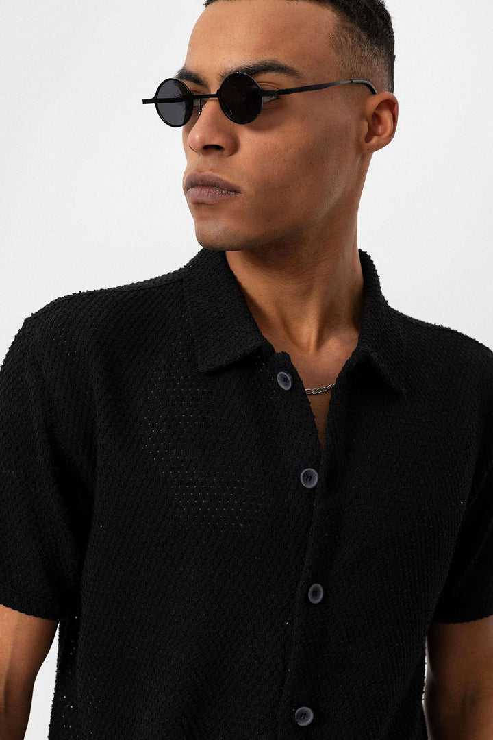 Men's Black Textured Short Sleeve  Shirt - Wessi