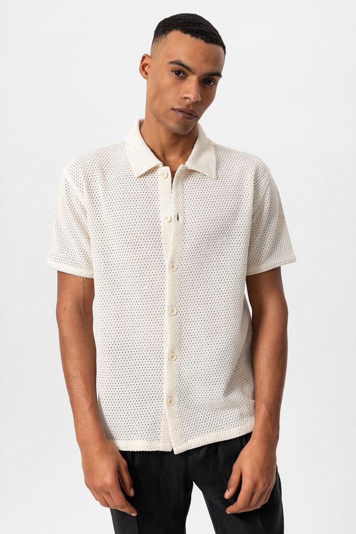 Men's Ecru Textured Short Sleeve  Shirt - Wessi