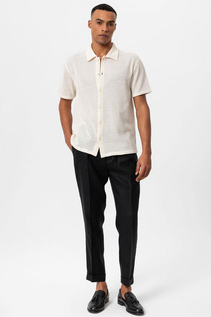 Men's Ecru Textured Short Sleeve  Shirt - Wessi